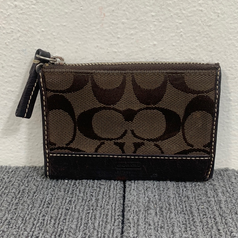 Coach Keychain Wallet Womens Small Brown Canvas Leather Signature Card Case